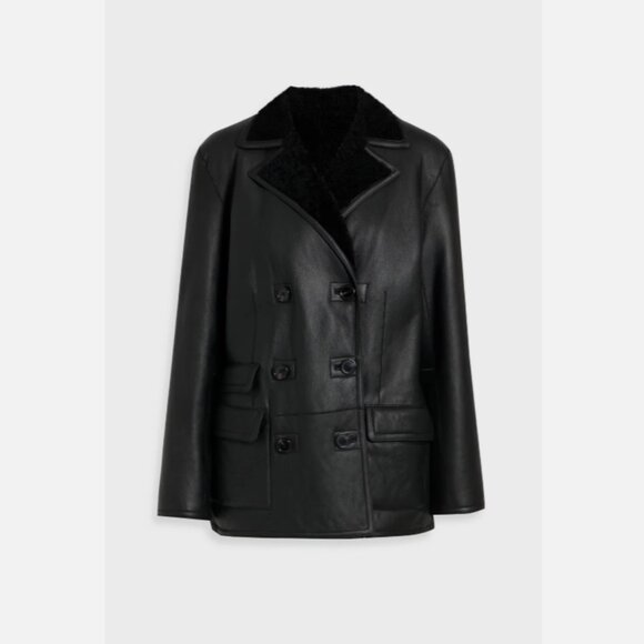 THEORY Reversible Double-Breasted Shearling Lambskin Jacket - Picture 2 of 14